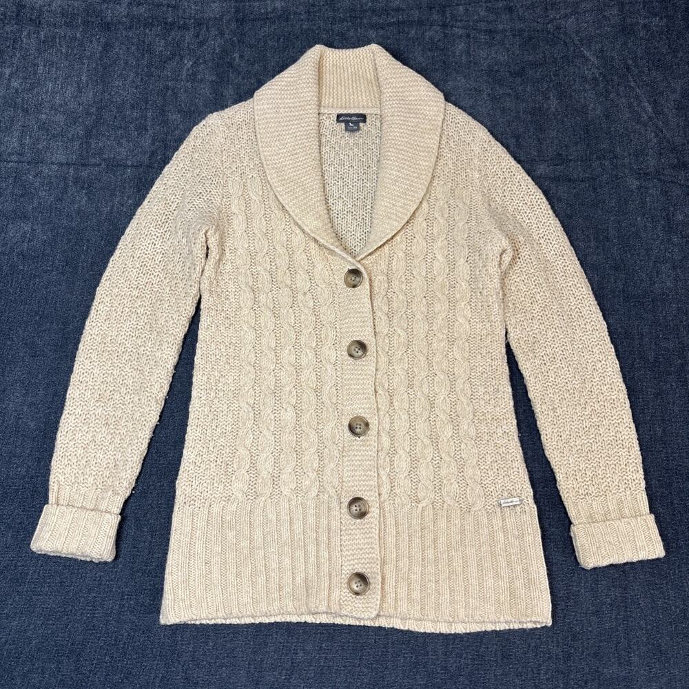 Eddie Bauer Cardigan Womens XS Lambswool Cable Knit Sweater Shawl Collar